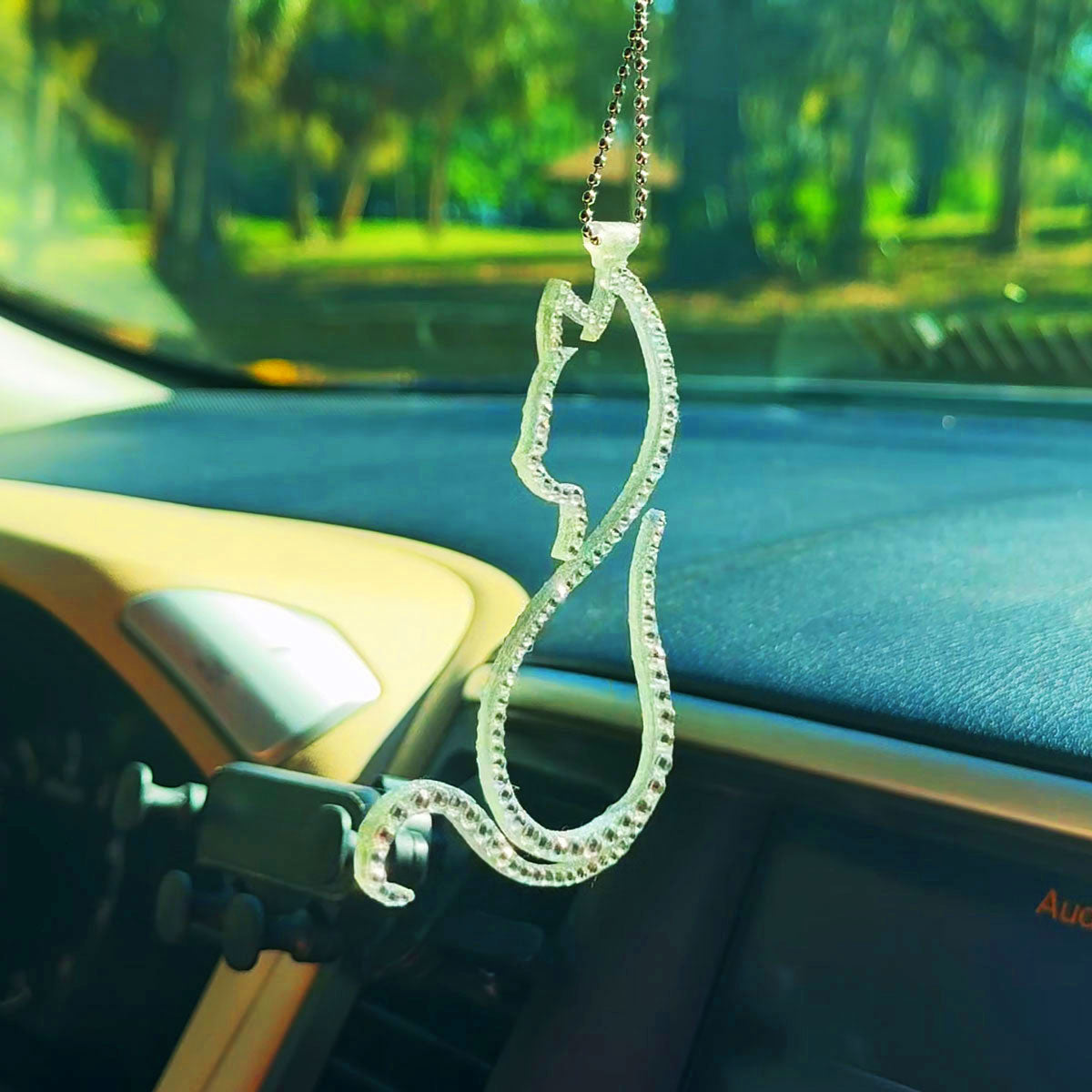 Kitty car rearview mirror rhinestone pendant White