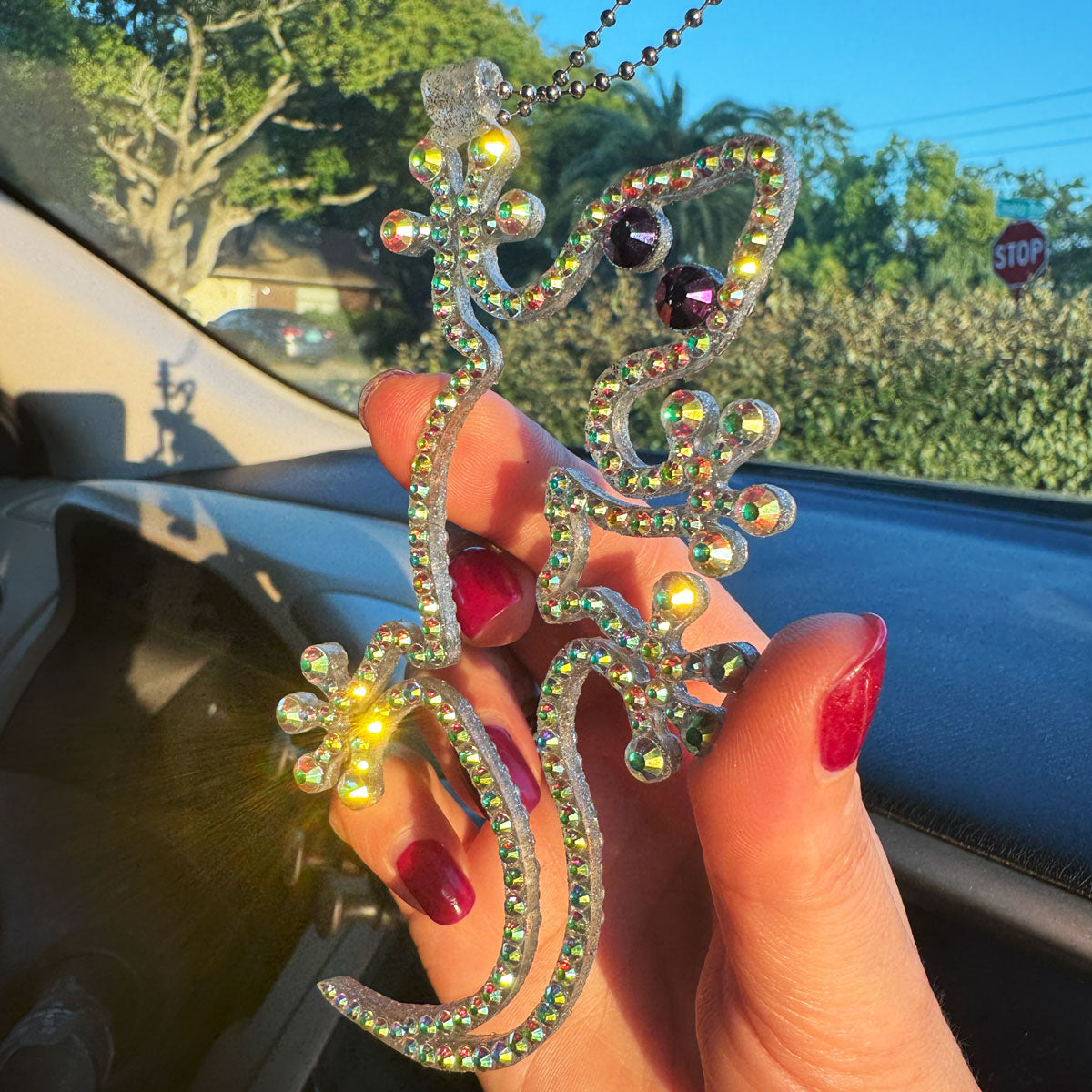 Lizard  car rearview mirror  rhinestone pendant Rainbow and Purple