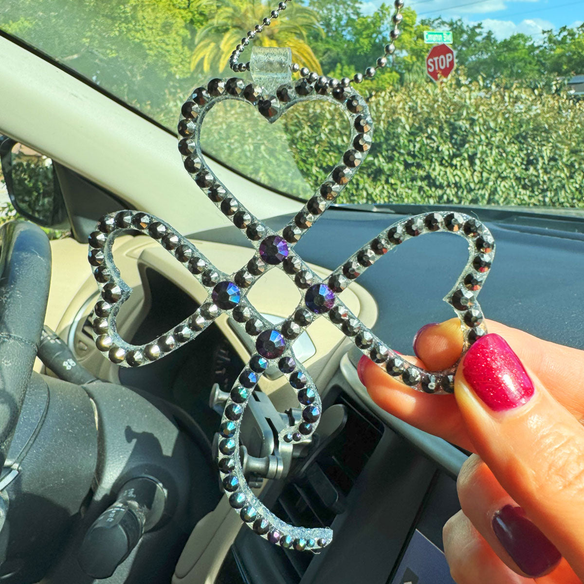 Lucky Clover car rearview mirror rhinestone pendant Silver Metallic and Purple
