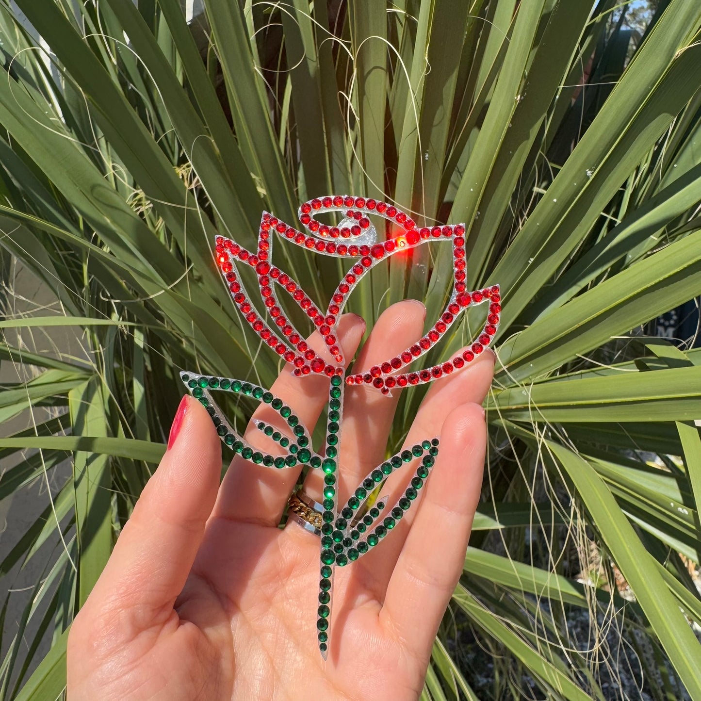 Rose interior decor rhinestone magnet Red Hot and Green Dark