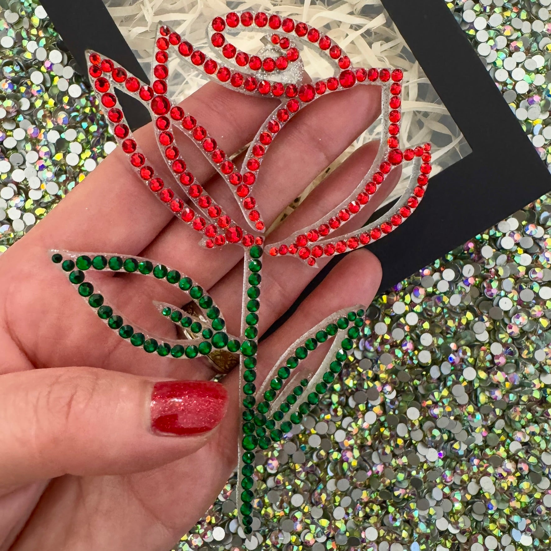Rose interior decor rhinestone magnet Red Hot and Green Dark