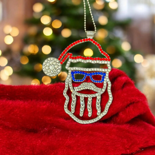 Santa Claus in Glasses car rearview mirror rhinestone pendant White, Blue and Red Hot