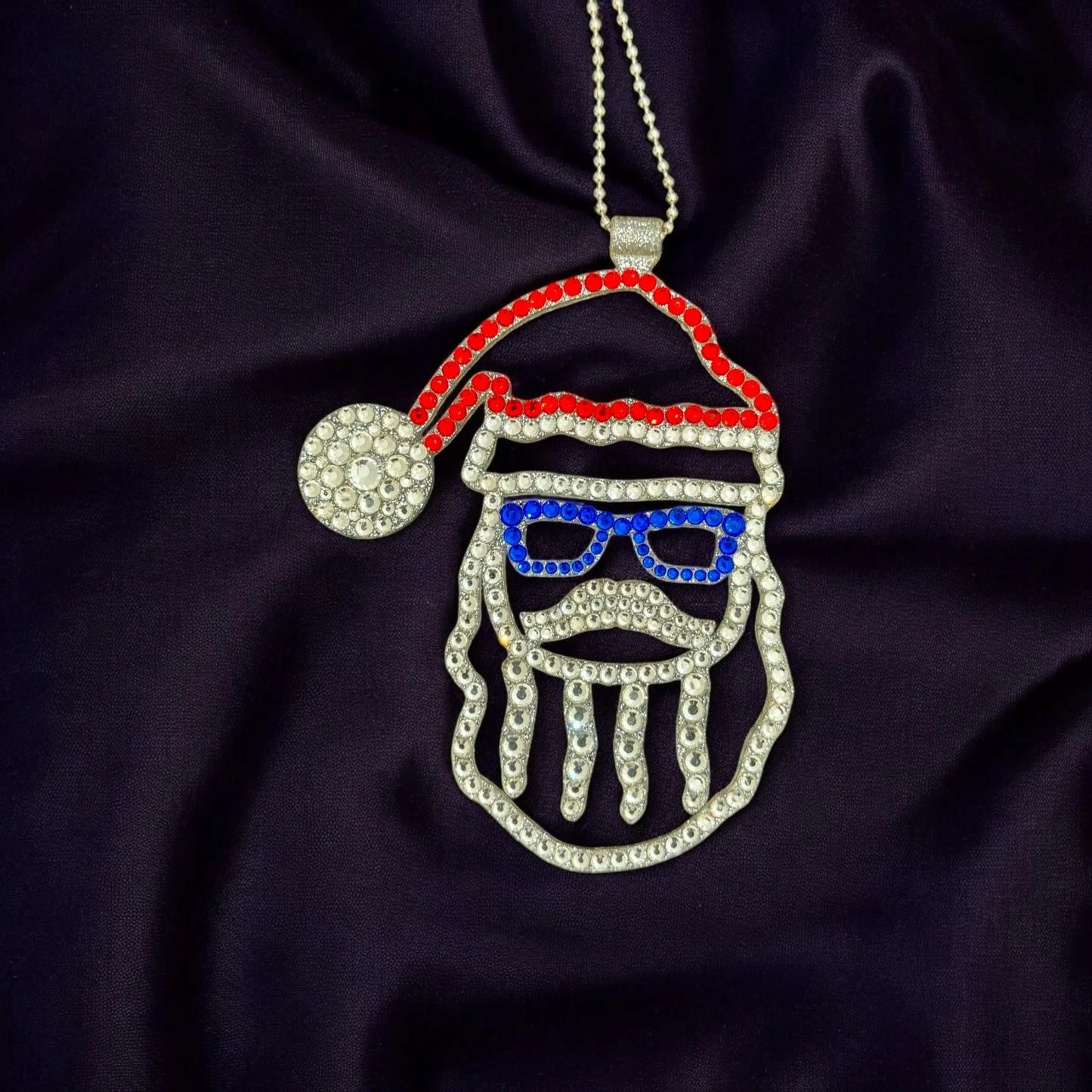 Santa Claus in Glasses car rearview mirror rhinestone pendant White, Blue and Red Hot