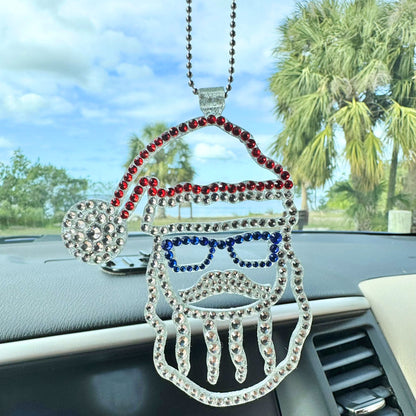 Santa Claus in Glasses car rearview mirror rhinestone pendant White, Blue and Red Hot