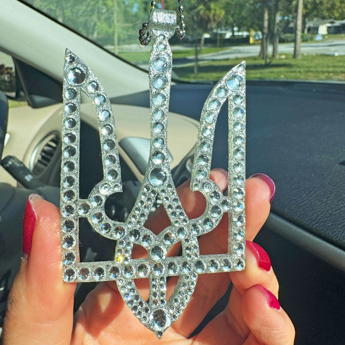 Trident UA car rearview mirror  rhinestone pendant White
