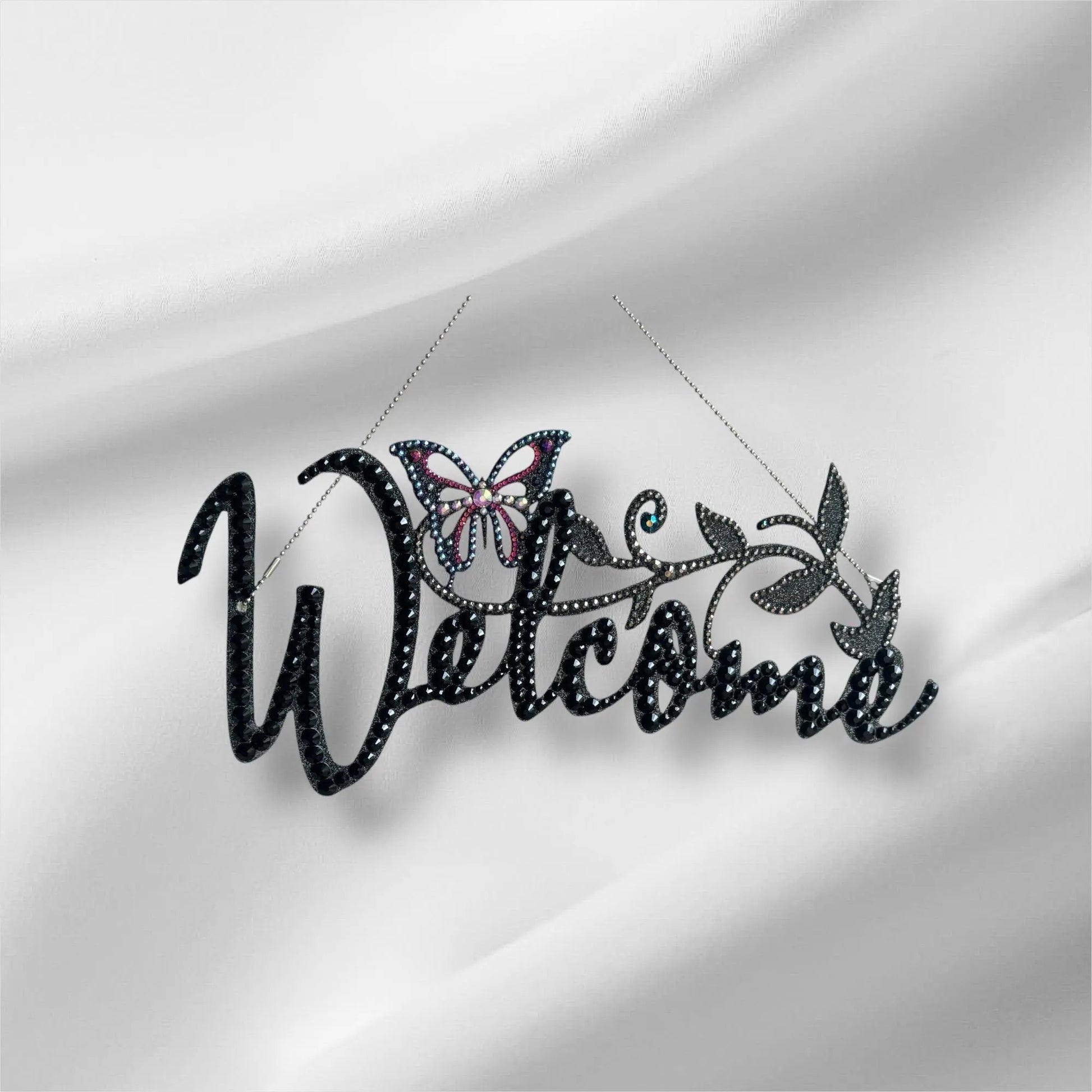 Welcome Door Sign with Butterfly decor rhinestone Black