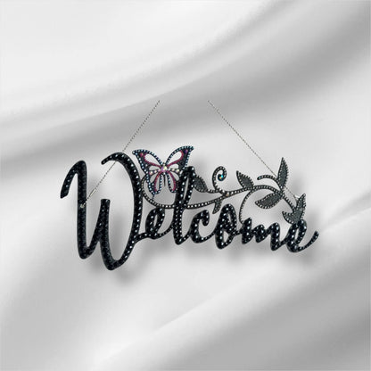 Welcome Door Sign with Butterfly decor rhinestone Black