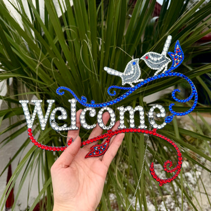 Welcome Door Sign decor rhinestone Blue, White and Red Hot
