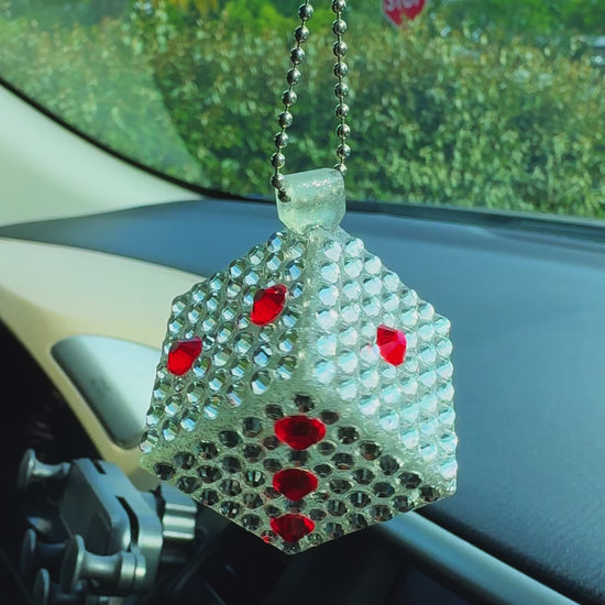 Lucky Dice car rearview mirror rhinestone pendant White and Red Hot