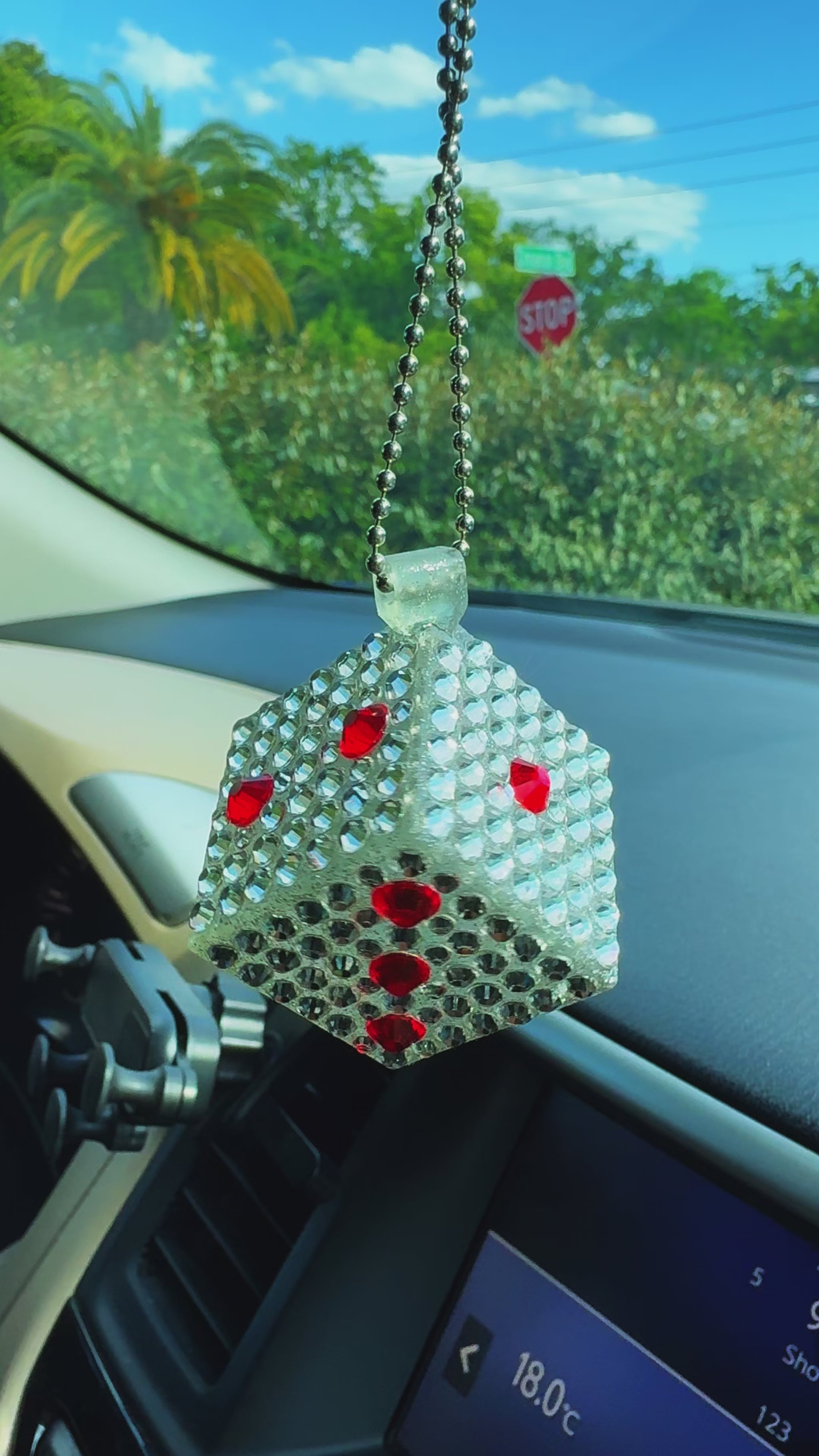 Lucky Dice car rearview mirror rhinestone pendant White and Red Hot