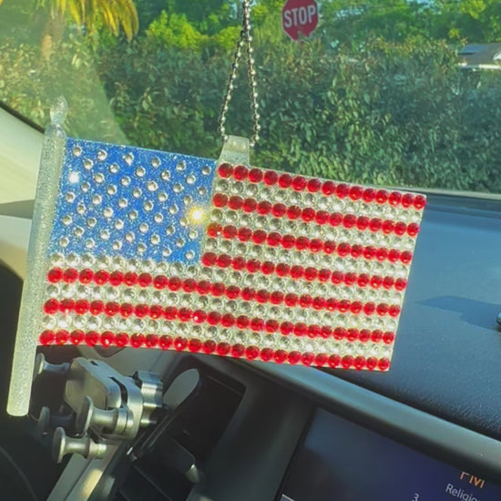 American Flag US and American Eagle  car rearview mirror rhinestone pendant