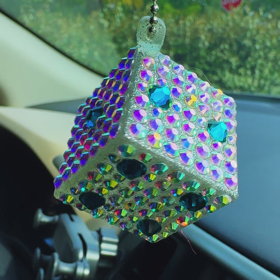 Lucky Dice car rearview mirror rhinestone pendant Rainbow and Blue