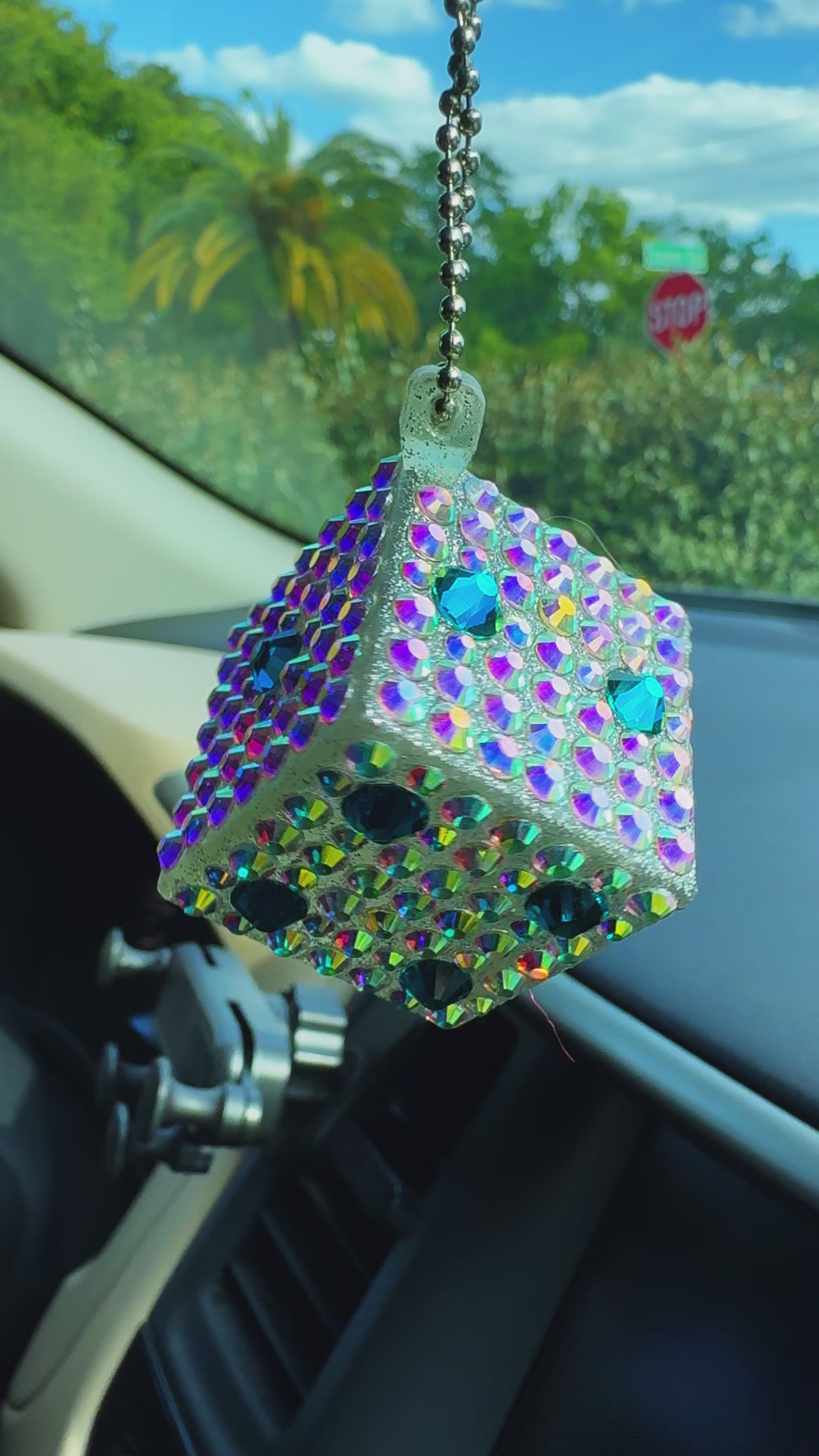 Lucky Dice car rearview mirror rhinestone pendant Rainbow and Blue