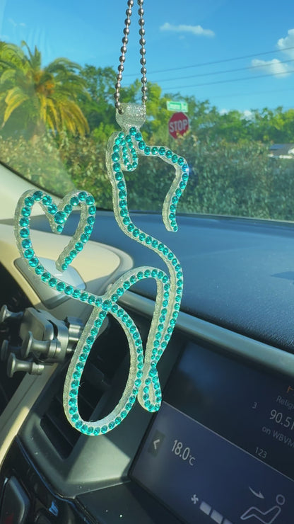 Cat rearview mirror rhinestone pendant Cyan Dark