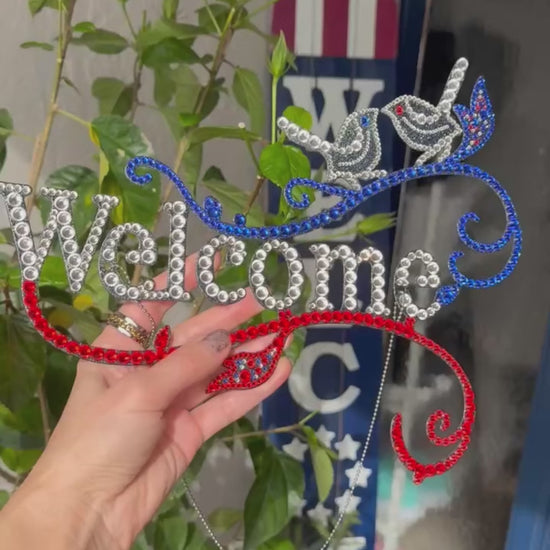 Welcome Door Sign decor rhinestone Blue, White and Red Hot
