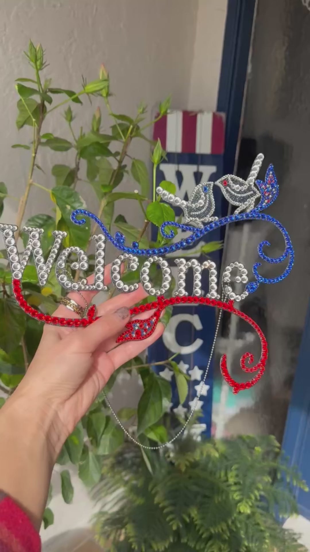 Welcome Door Sign decor rhinestone Blue, White and Red Hot