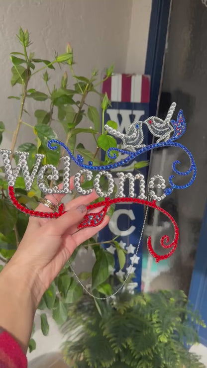 Welcome Door Sign decor rhinestone Blue, White and Red Hot