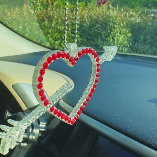 Heart with Arrow car rearview mirror rhinestone pendant White and Red Hot