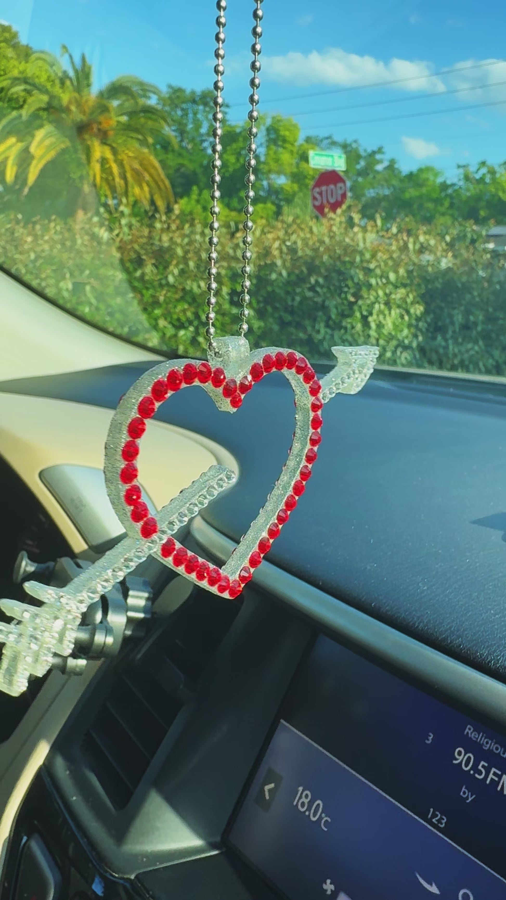 Heart with Arrow car rearview mirror rhinestone pendant White and Red Hot