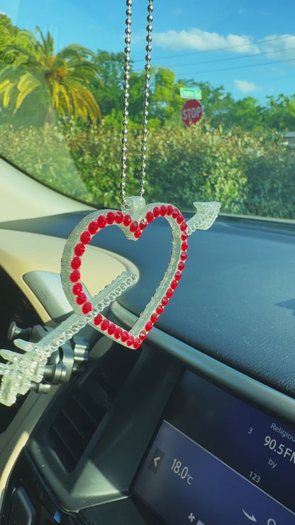 Heart with Arrow car rearview mirror rhinestone pendant White and Red Hot