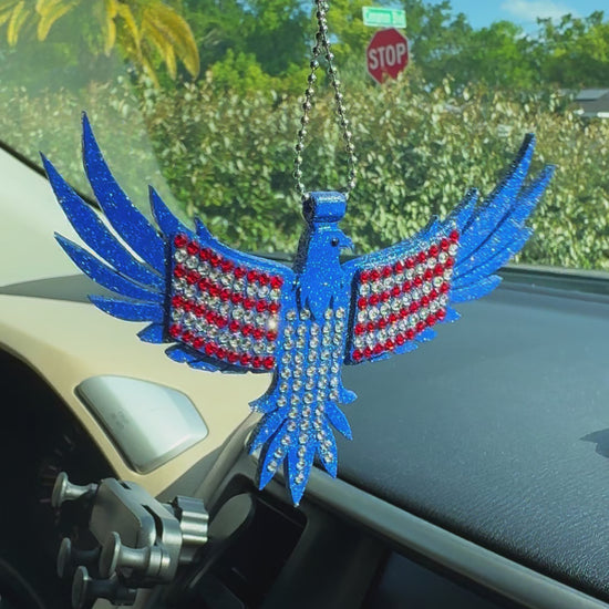 American Eagle car rearview mirror  rhinestone pendant White and Red Hot