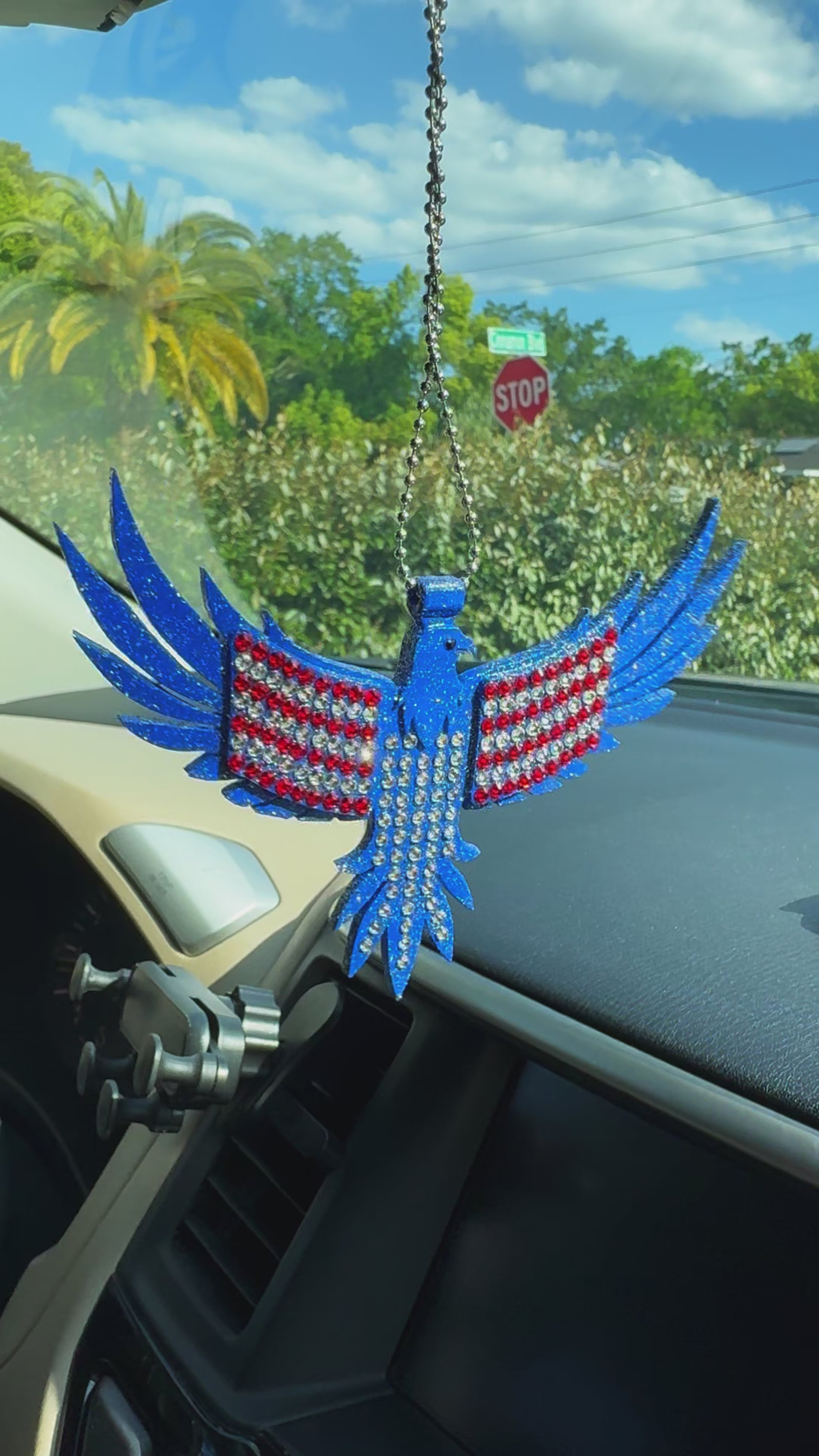 American Eagle car rearview mirror  rhinestone pendant White and Red Hot