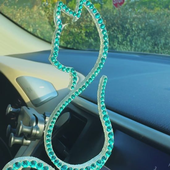Kitty car rearview mirror rhinestone pendant Cyan Dark
