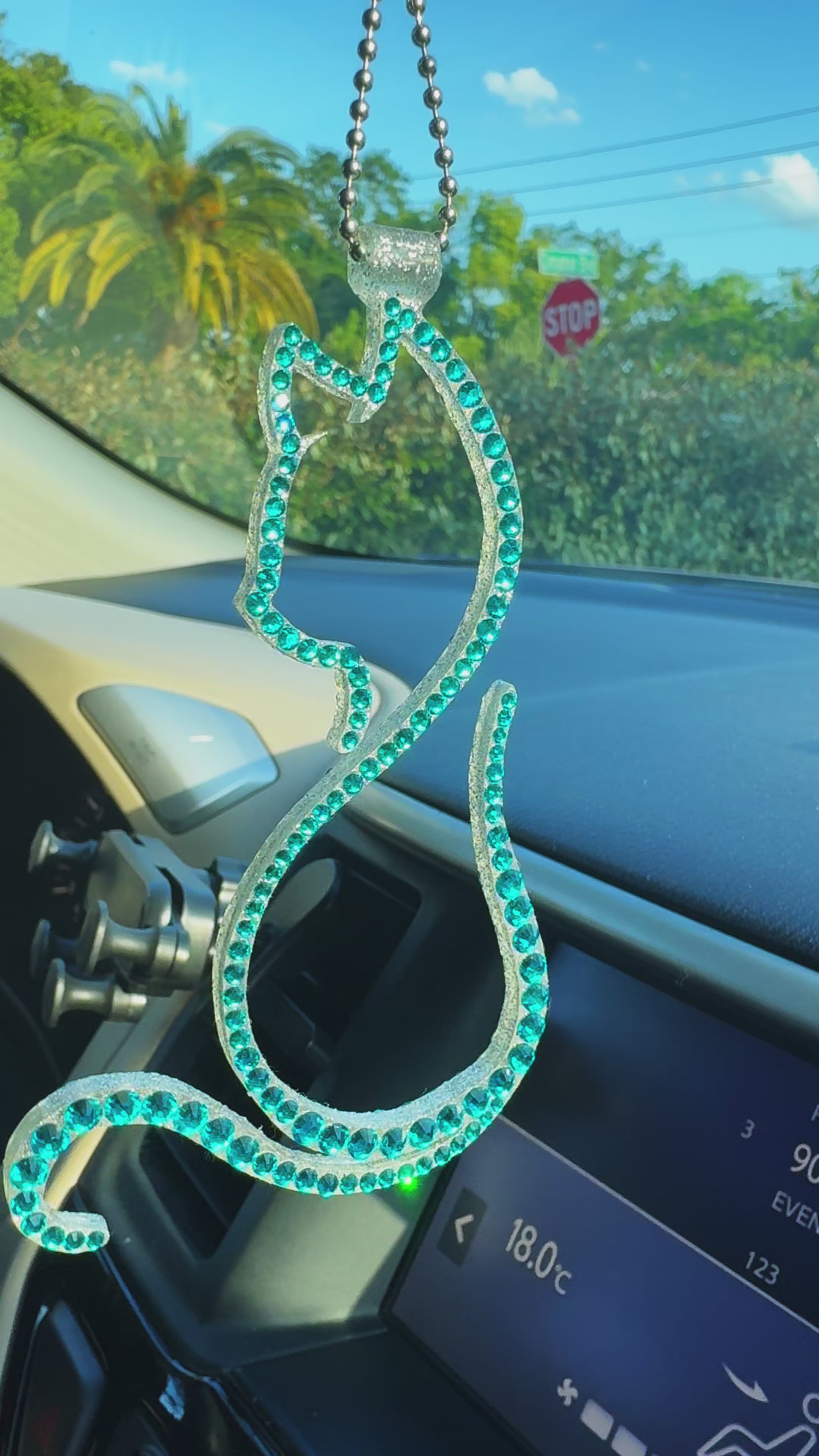 Kitty car rearview mirror rhinestone pendant Cyan Dark