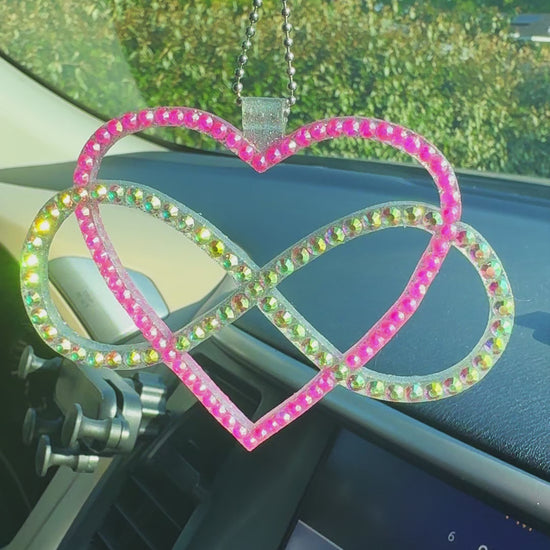 Infinity with Heart car rearview mirror  rhinestone pendant Rainbow and Pink