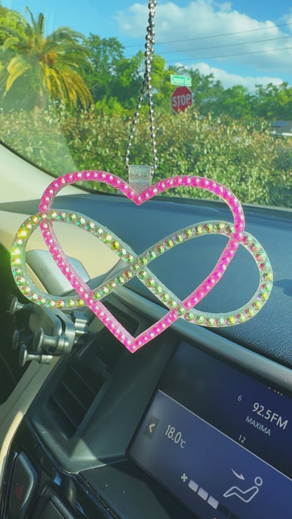 Infinity with Heart car rearview mirror  rhinestone pendant Rainbow and Pink