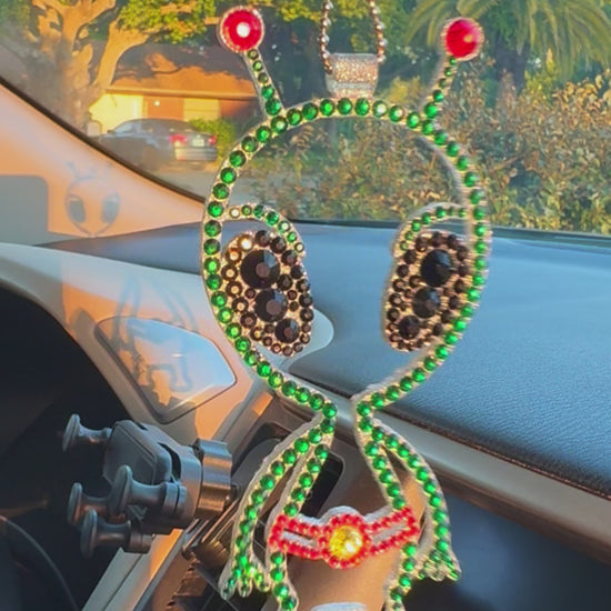 Alien car rearview mirror  rhinestone pendant Green, Black and Red Hot