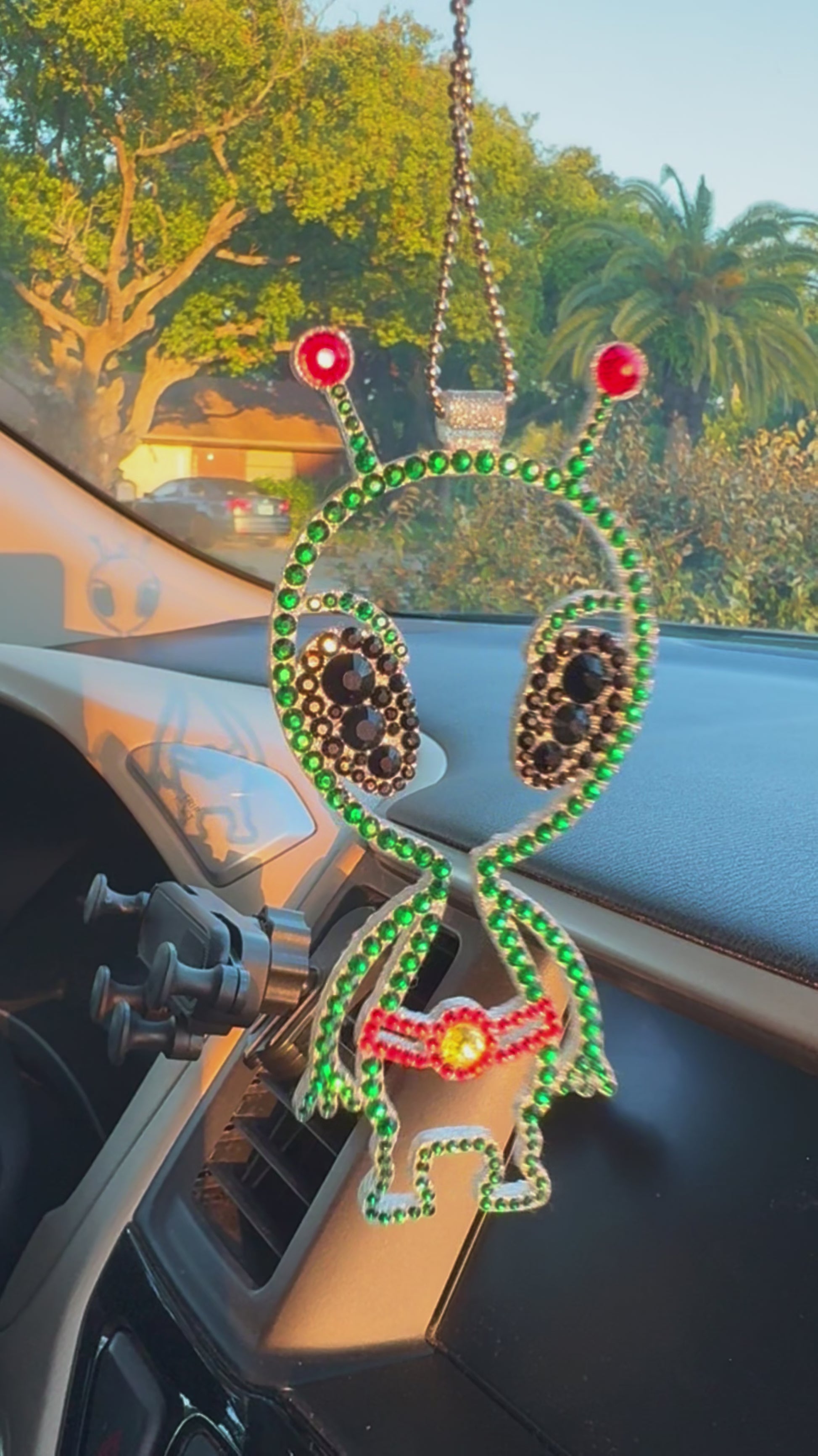 Alien car rearview mirror  rhinestone pendant Green, Black and Red Hot