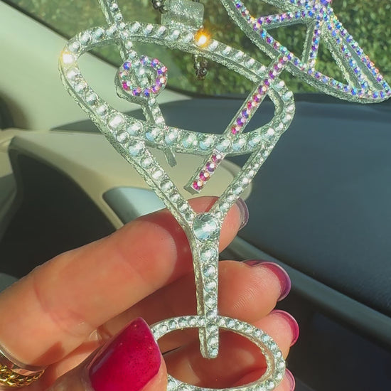 Martini Glass car rearview mirror rhinestone pendant White and Rainbow