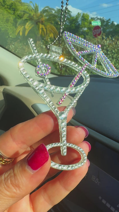 Martini Glass car rearview mirror rhinestone pendant White and Rainbow