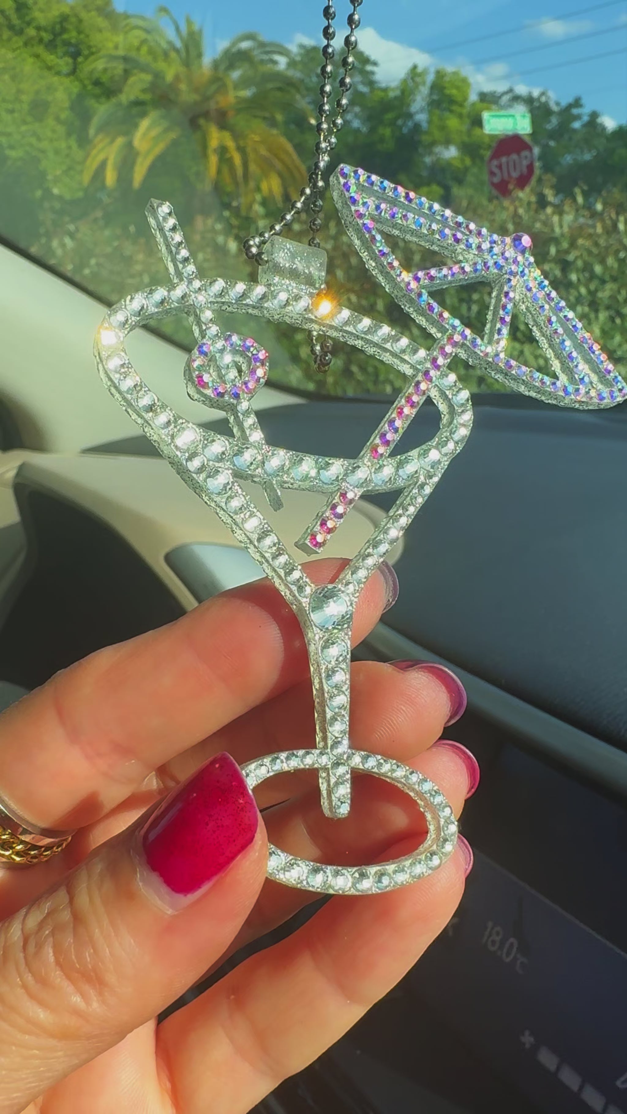 Martini Glass car rearview mirror rhinestone pendant White and Rainbow
