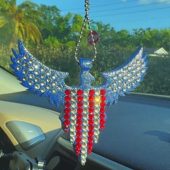 American Eagle car rearview mirror  rhinestone pendant White and Red Hot