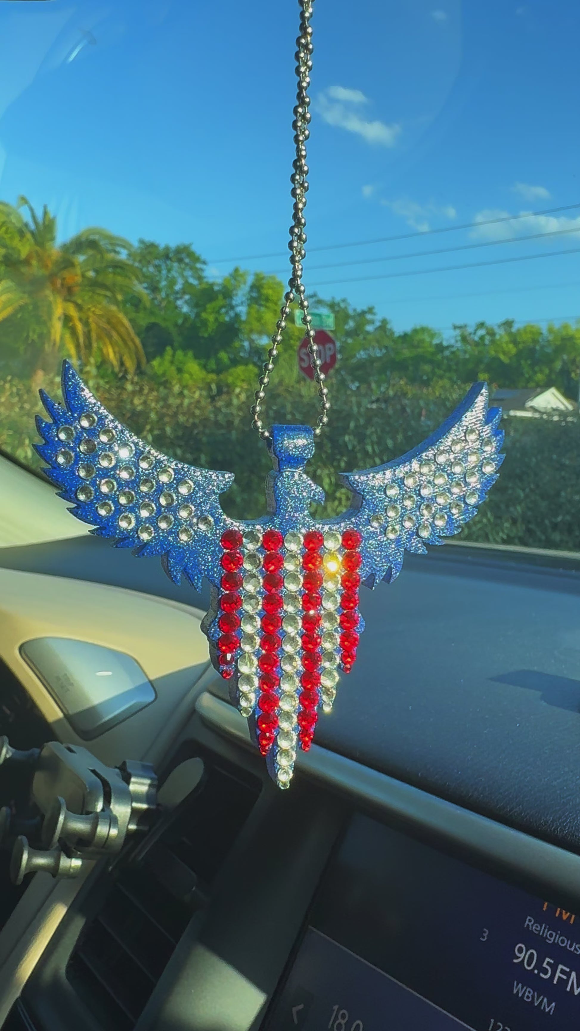 American Eagle car rearview mirror  rhinestone pendant White and Red Hot