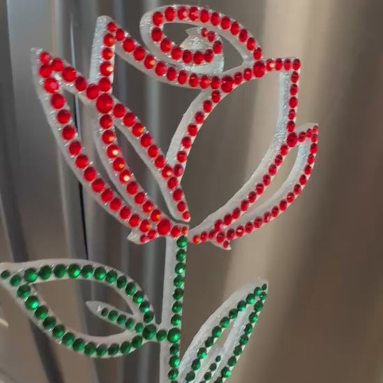 Rose interior decor rhinestone magnet Red Hot and Green Dark