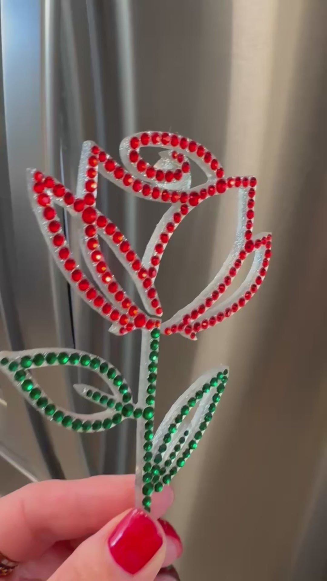 Rose interior decor rhinestone magnet Red Hot and Green Dark