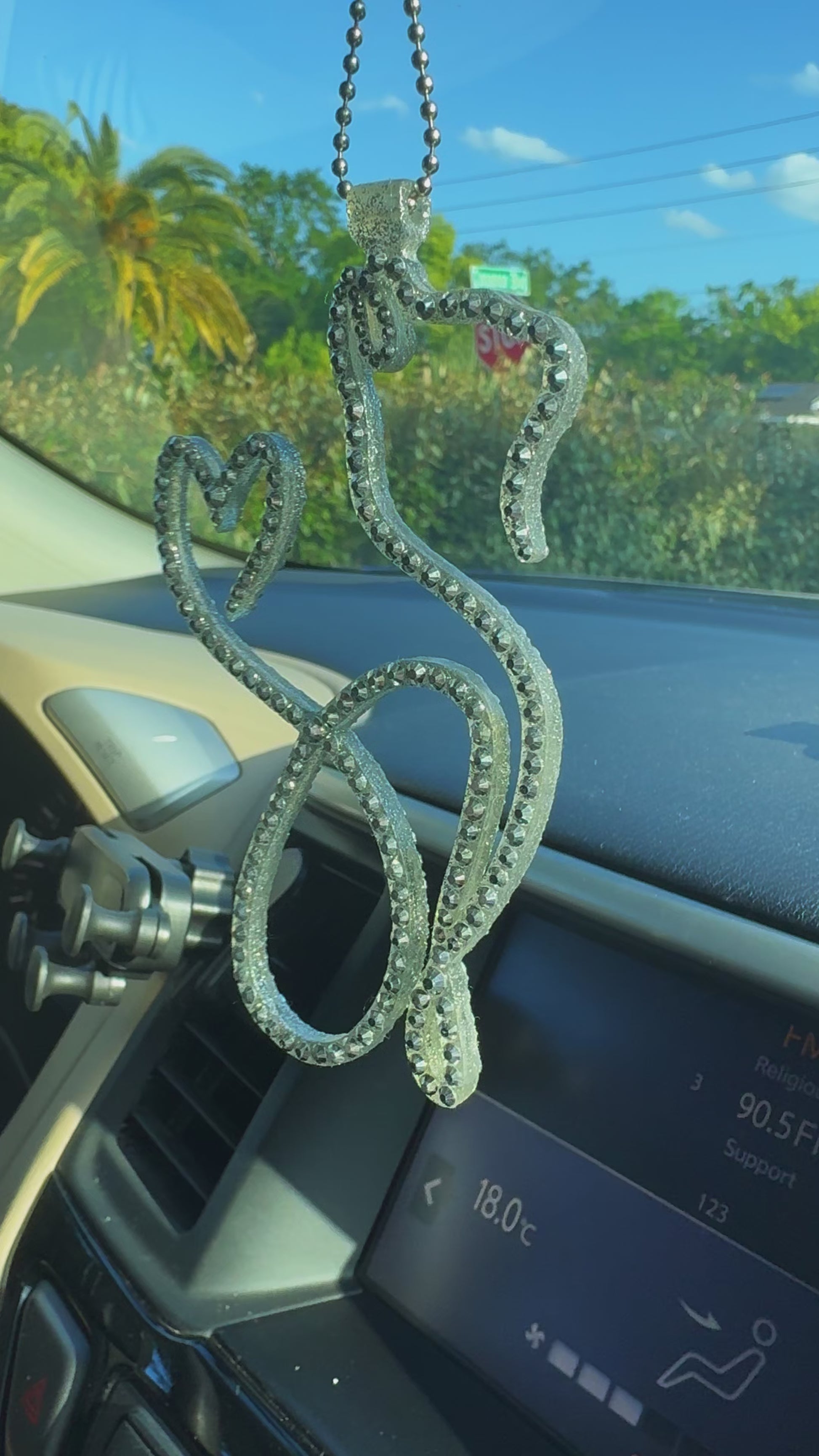 Cat rearview mirror rhinestone pendant Silver Metallic