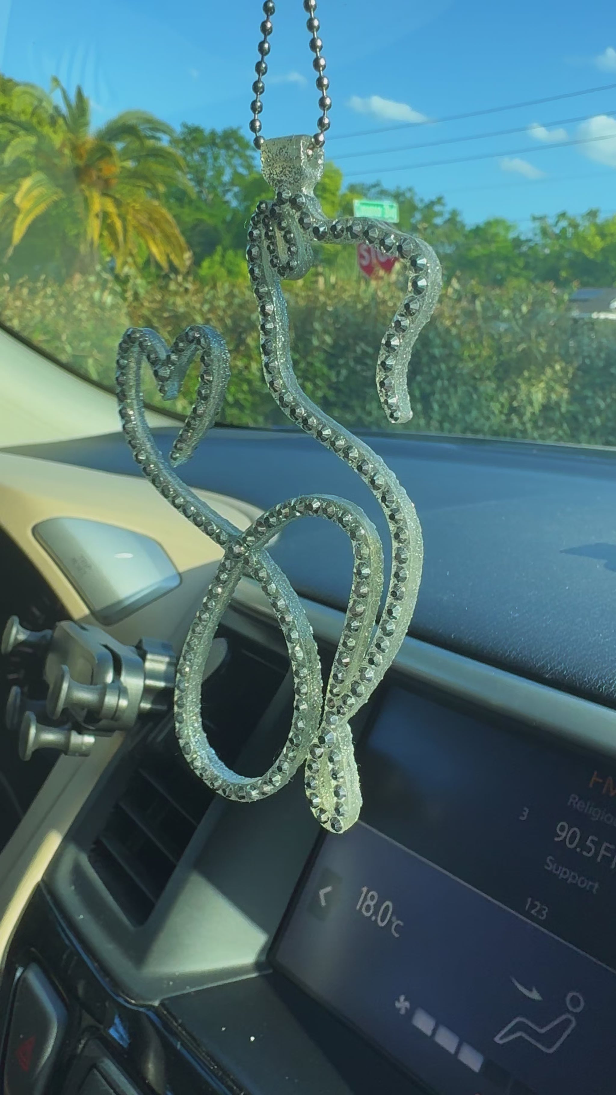Cat rearview mirror rhinestone pendant Silver Metallic