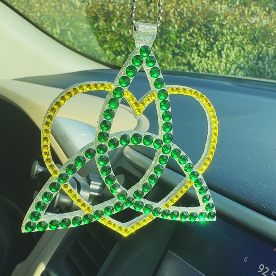 Celtic Triangle with Heart car rearview mirror rhinestone pendant Yellow and Green