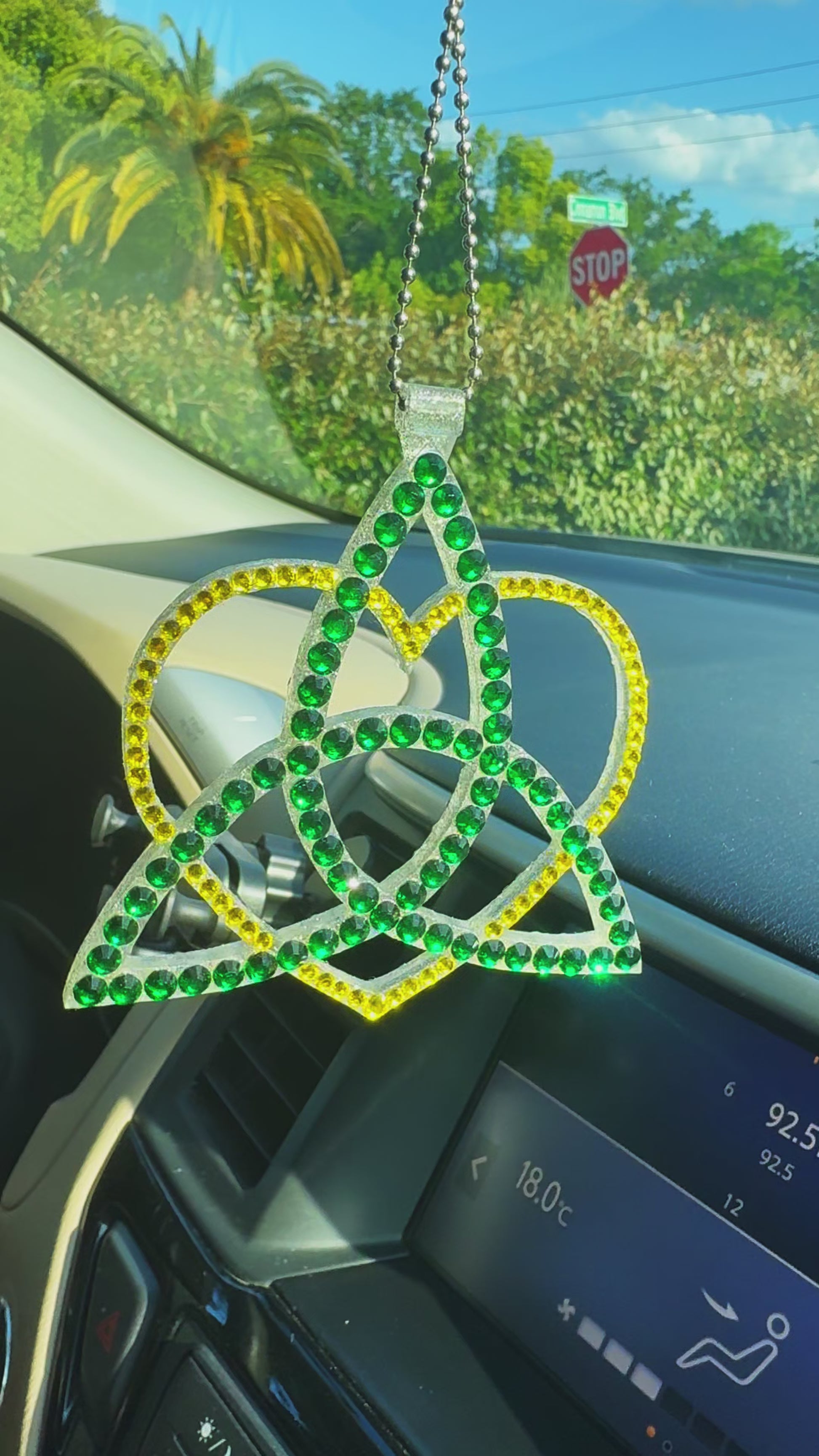 Celtic Triangle with Heart car rearview mirror rhinestone pendant Yellow and Green