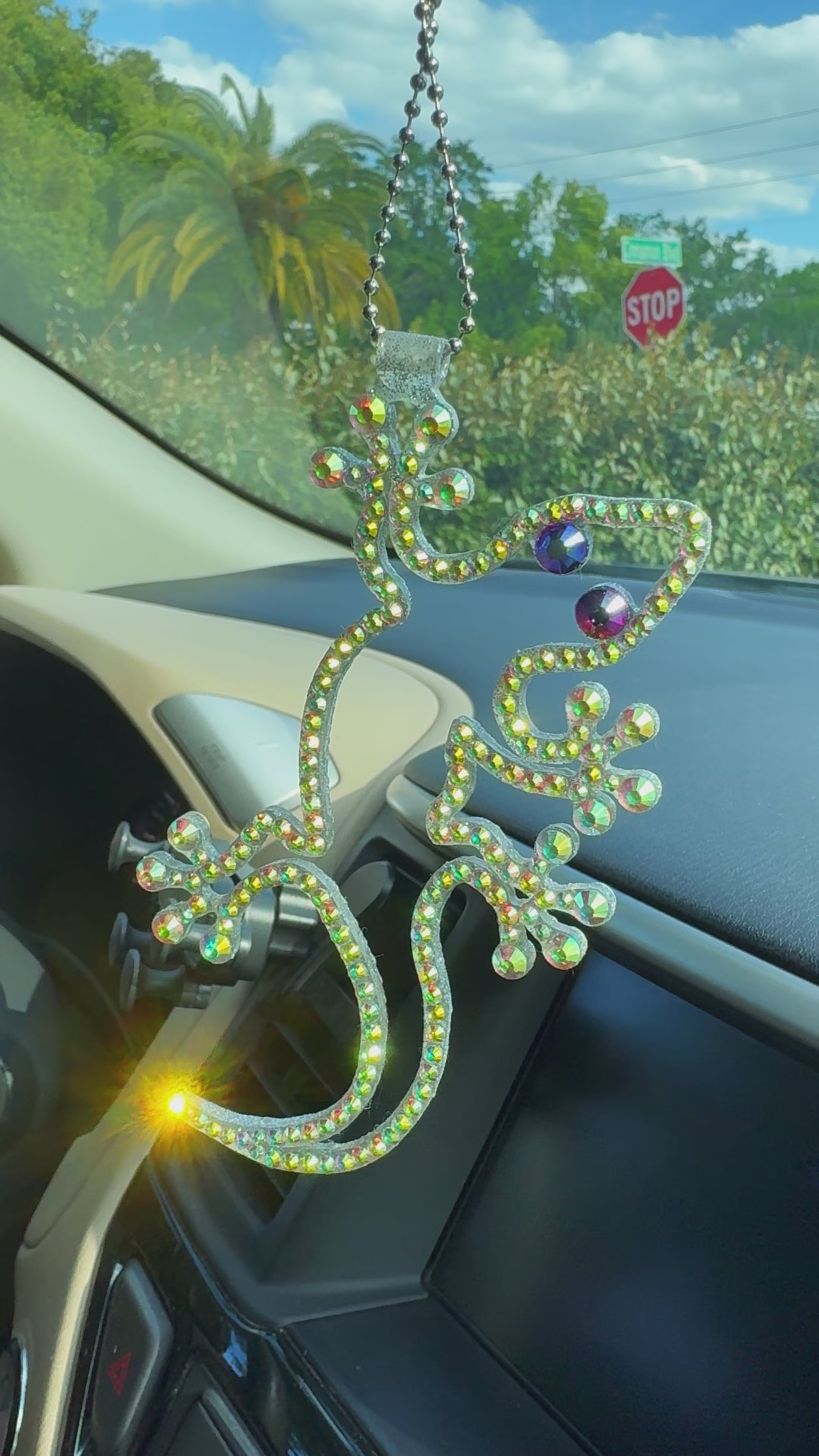 Lizard  car rearview mirror  rhinestone pendant Rainbow and Purple