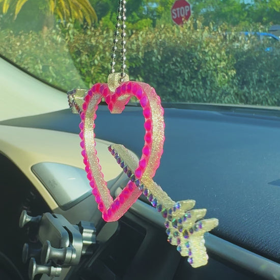 Heart with Arrow car rearview mirror rhinestone pendant Rainbow and Pink