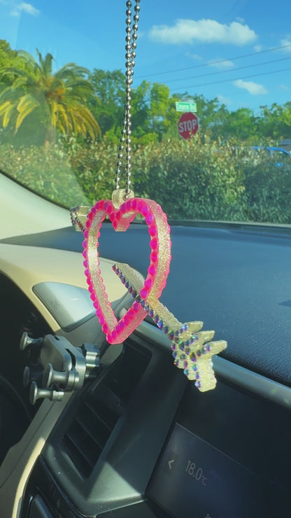 Heart with Arrow car rearview mirror rhinestone pendant Rainbow and Pink