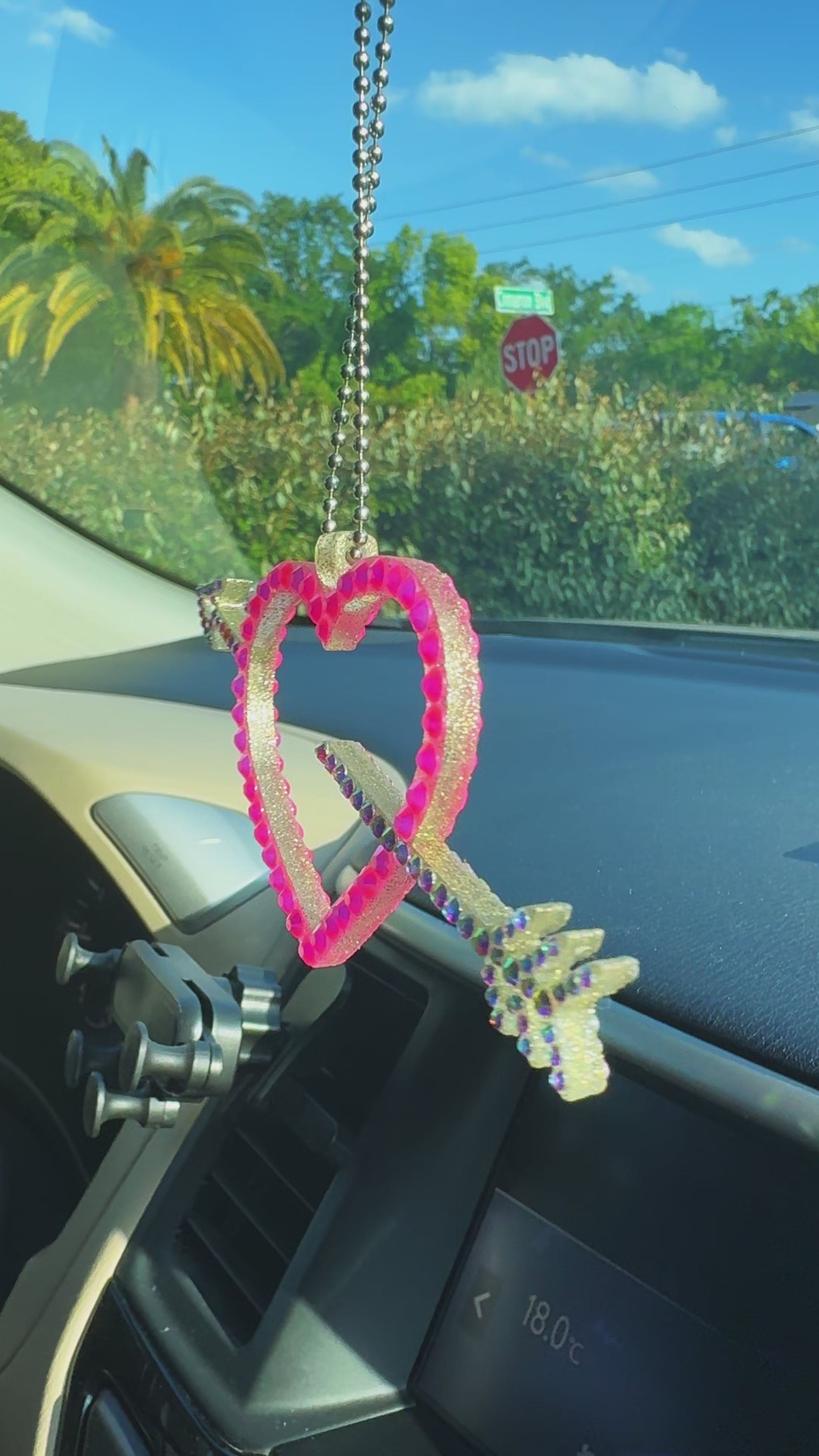 Heart with Arrow car rearview mirror rhinestone pendant Rainbow and Pink