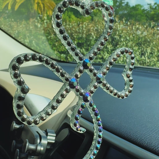 Lucky Clover car rearview mirror rhinestone pendant Silver Metallic and Purple