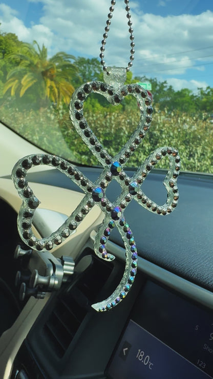 Lucky Clover car rearview mirror rhinestone pendant Silver Metallic and Purple