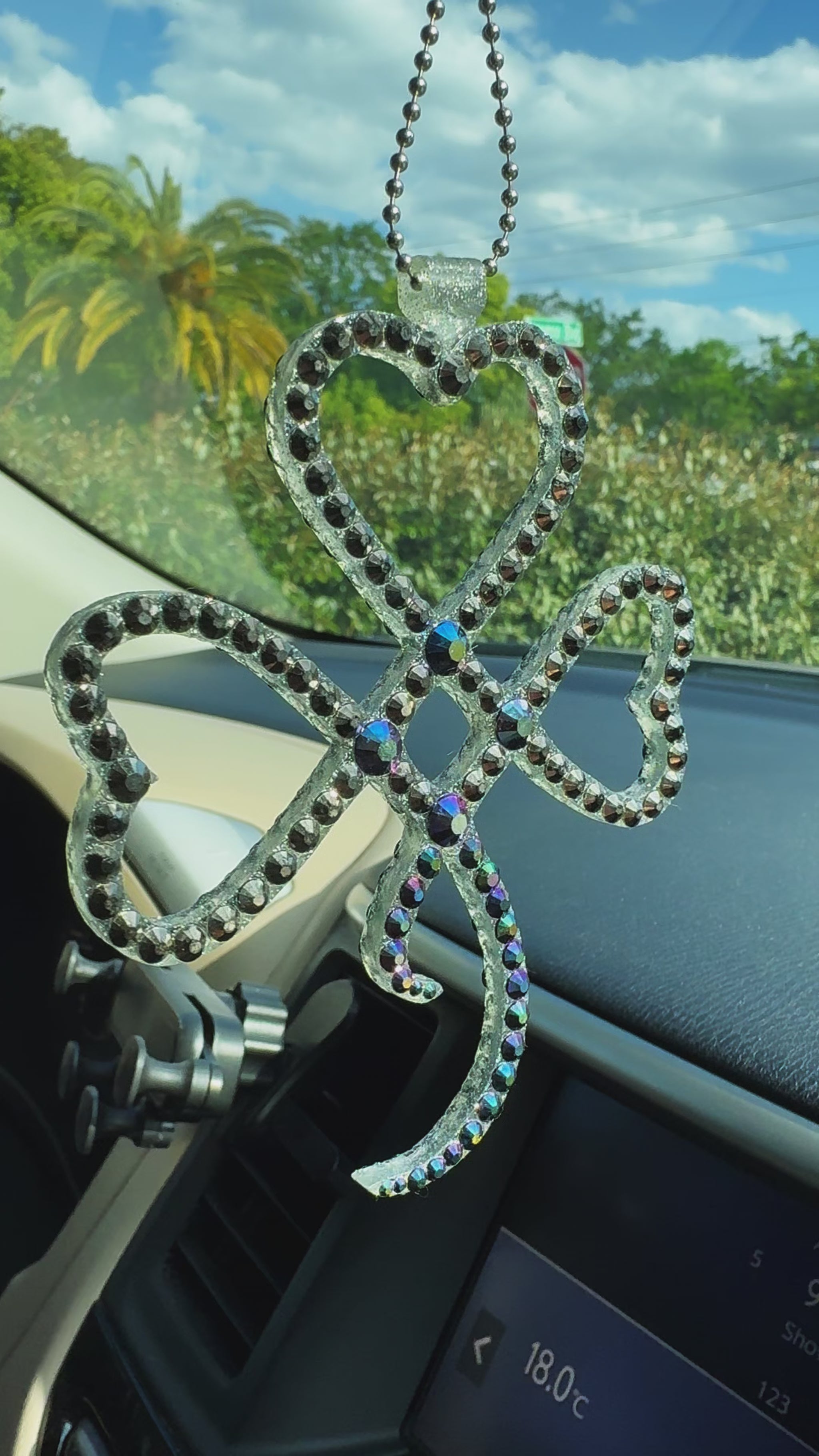 Lucky Clover car rearview mirror rhinestone pendant Silver Metallic and Purple